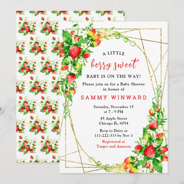 Invitation Strawberries and Daisies Baby Shower (Devant / Derrière)