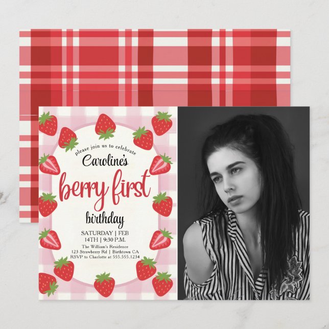 Invitation Strawberry 1st Birthday Party Berry First Photo (Devant / Derrière)