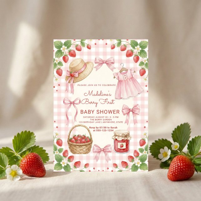 Invitation Strawberry bow baby shower First Berry Sweet (Créateur téléchargé)