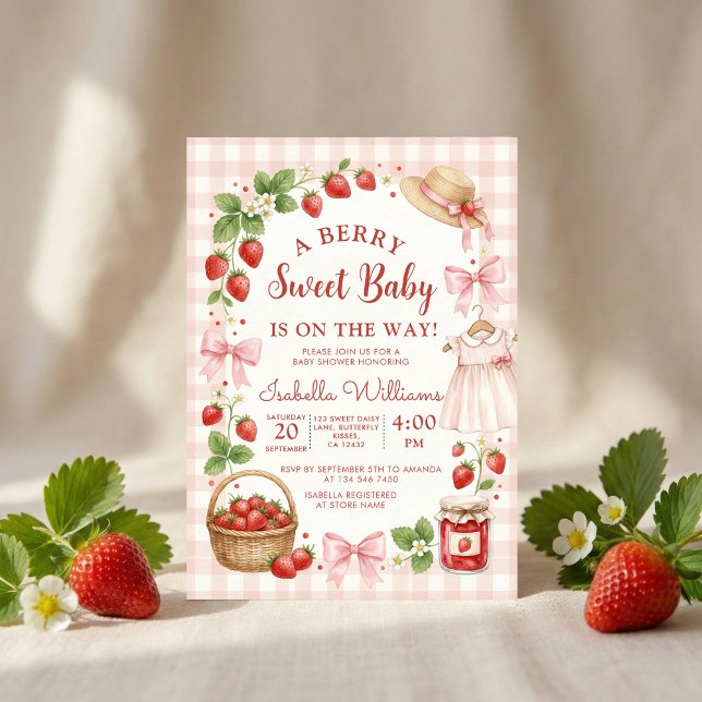 Invitation Strawberry bow baby shower First Berry Sweet (Créateur téléchargé)