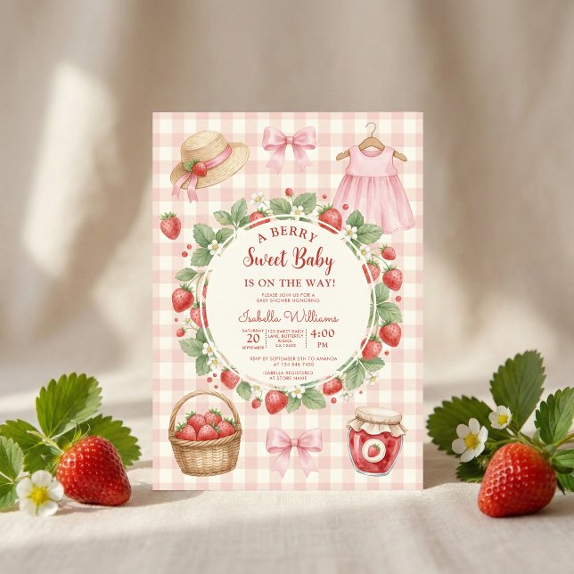 Invitation Strawberry bow baby shower First Berry Sweet (Créateur téléchargé)