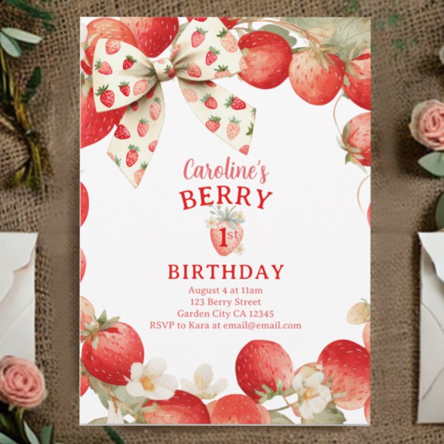 Invitation Strawberry Bow Girls Berry First Birthday (Créateur téléchargé)