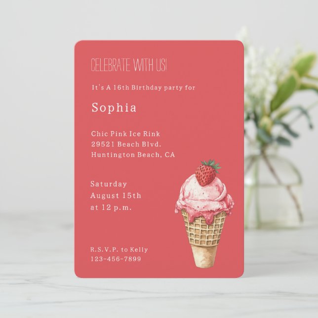 Invitation Strawberry Ice Cream Cone Birthday (Debout devant)