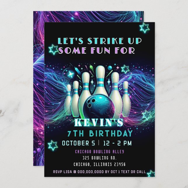 Invitation Strike Up Some Fun Neon Glow Bowling Birthday (Devant / Derrière)
