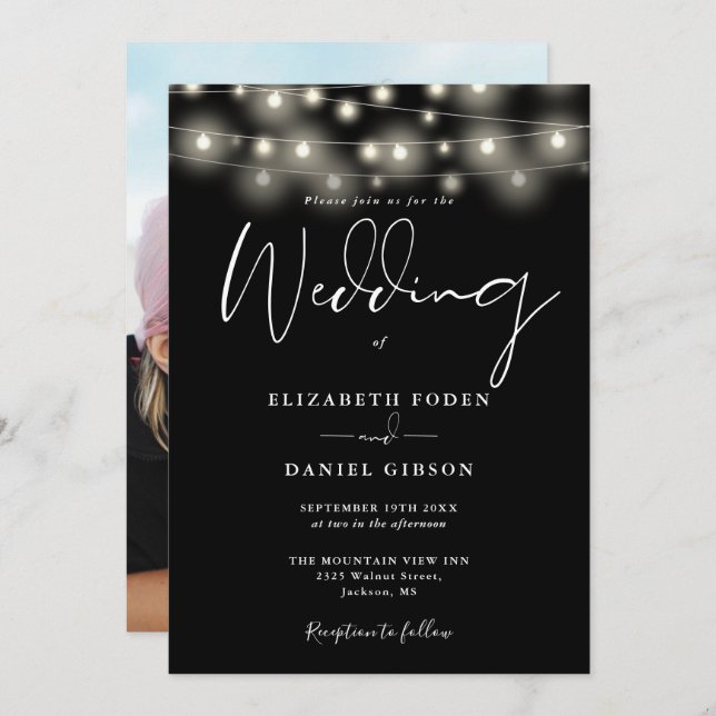 Invitation String Lights Black And White Photo Wedding (Devant / Derrière)