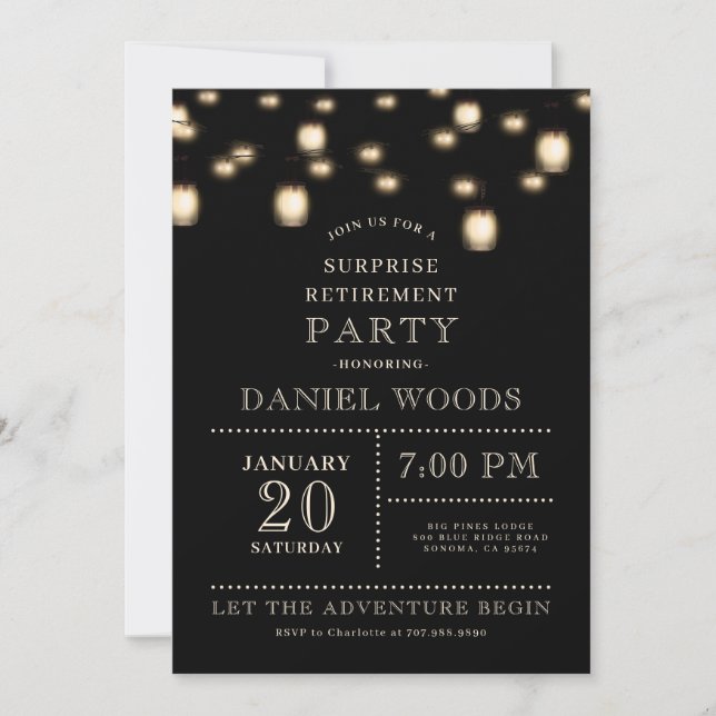 Invitation String Lights Black Surprise RetiParty (Devant)