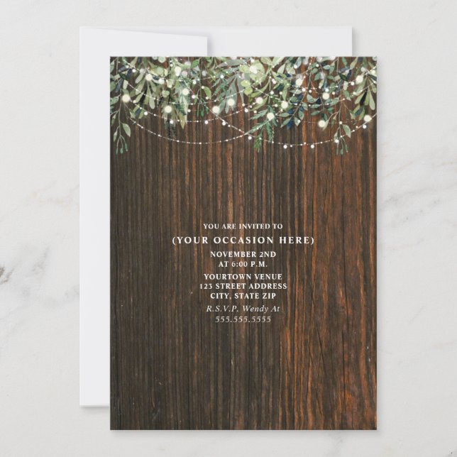 Invitation String Lights Botanical Rustic Wood Générique Part (Devant)