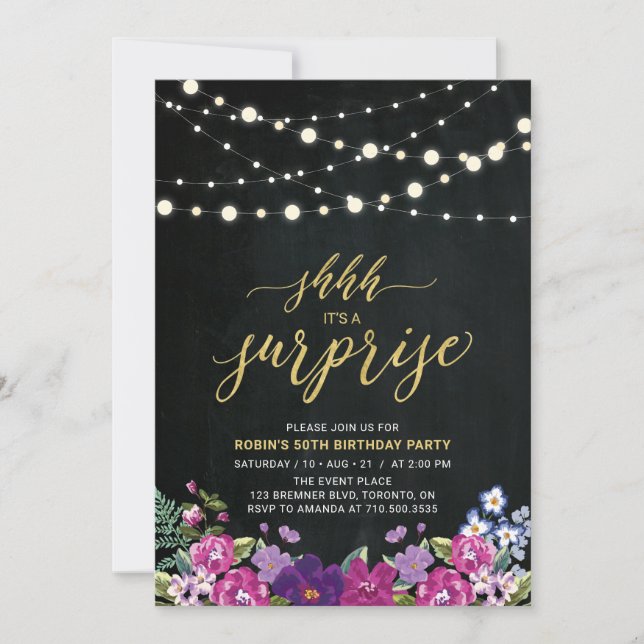 Invitation String Lights & Chalkboard Surprise fête d'anniver (Devant)