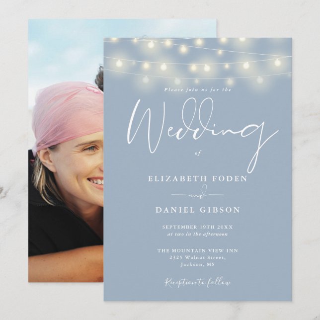 Invitation String Lights Dusty Blue Photo Wedding (Devant / Derrière)