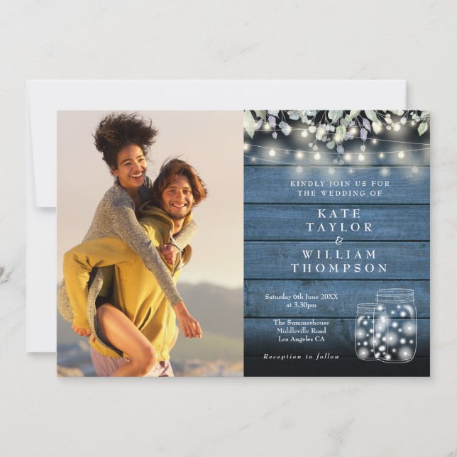 Invitation String Lights Rustic Jars Greenery Photo Mariage (Devant)
