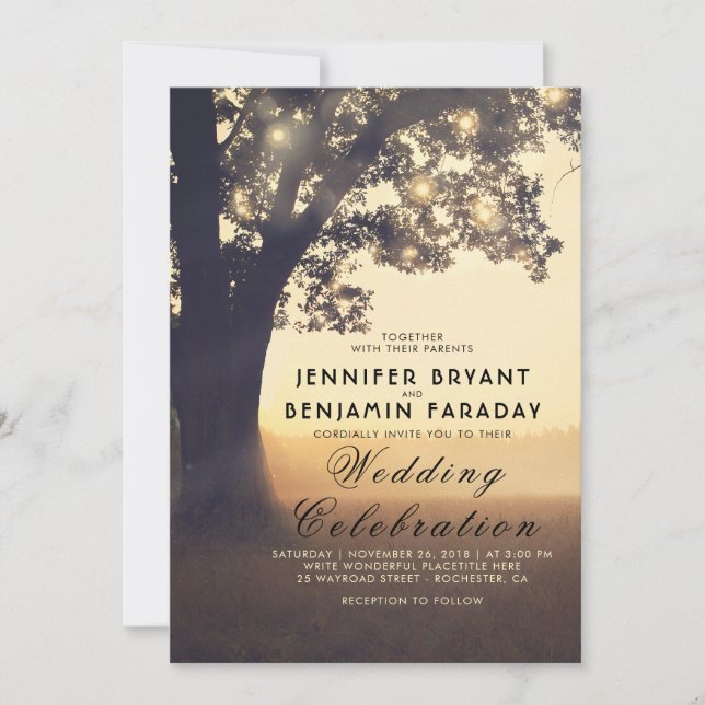 Invitation String Lights Tree Soirée Sunset Rustic Mariage (Devant)