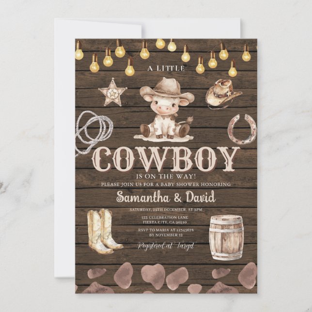 Invitation Stringlight Cowboy is on the Way Baby Shower  (Devant)