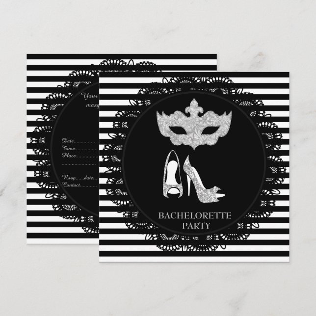 INVITATION STRIPE NOIRE BACHELORETTE MASQUERADE PARTI (Devant / Derrière)