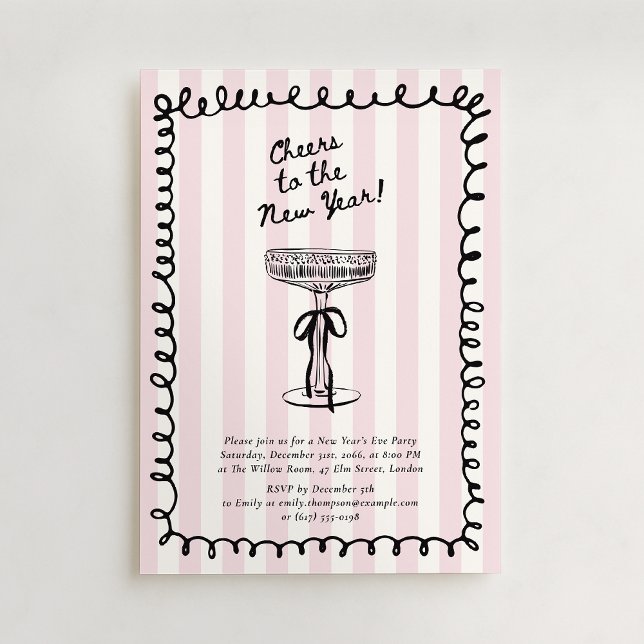 Invitation Striped  Hand Drawn Champagne Glass New Year party (Créateur téléchargé)