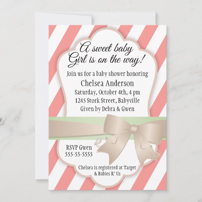 Invitation Stripes et Bow Sweet Baby Girl Douche (Devant)