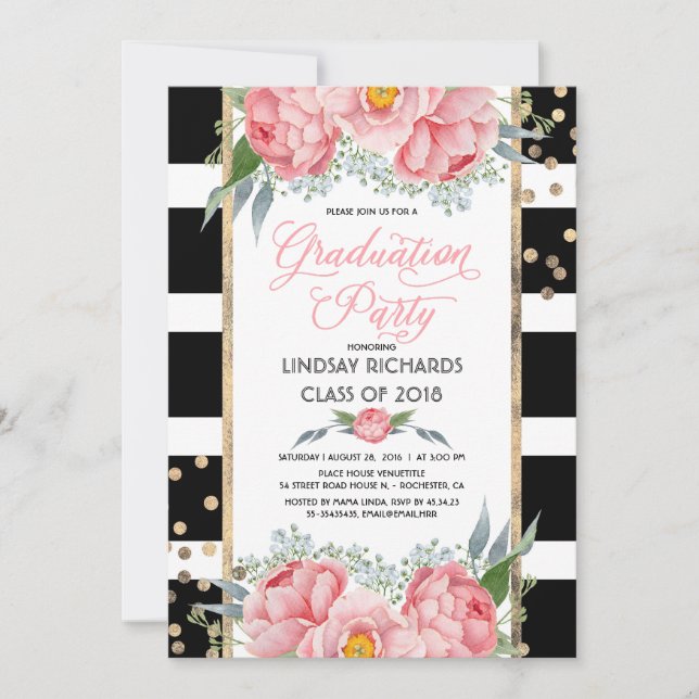 Invitation Stripes, Gold et Fleurs roses Graduation Party (Devant)