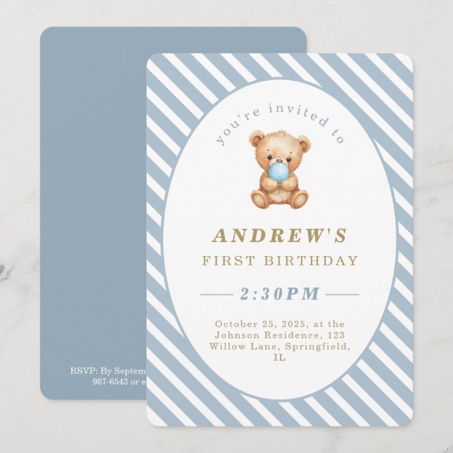 Invitation Stripes minimes Ours en peluche Premier anniversai (Devant / Derrière)