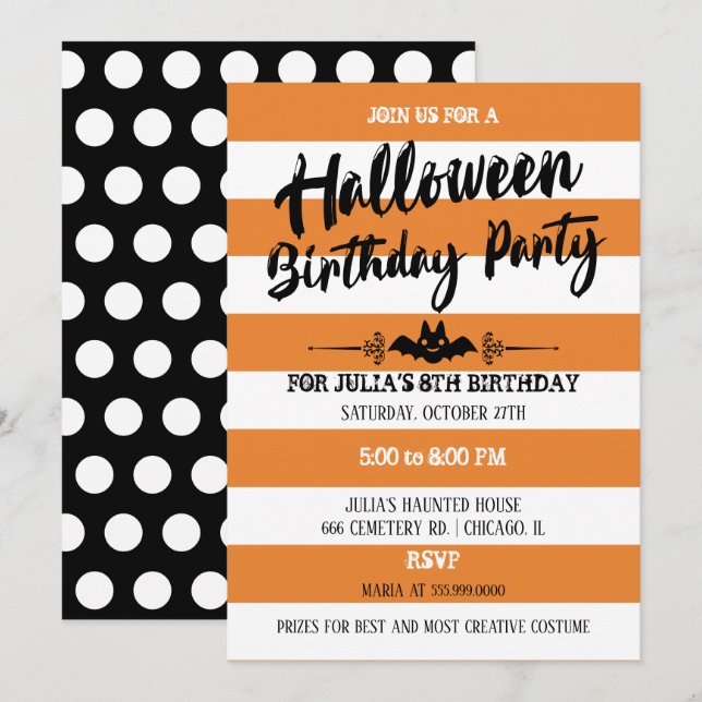 Invitation Stripes & Pois Halloween fête d'anniversaire (Devant / Derrière)