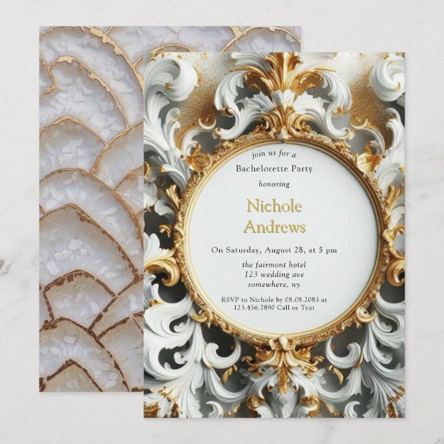 Invitation Style baroque Bachelorte d'or blanc (Devant / Derrière)