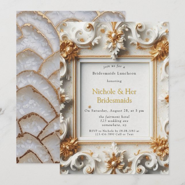 Invitation Style baroque Blanc Gold Bridesmaitres Déjeuner (Devant / Derrière)