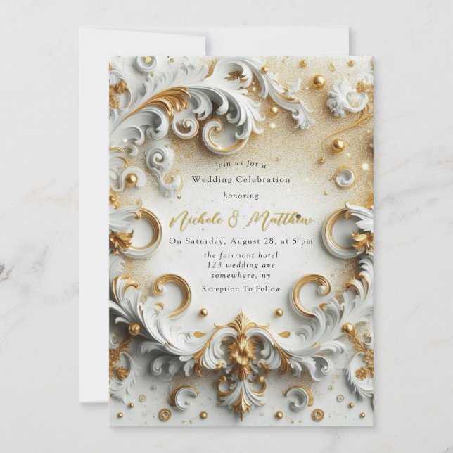 Invitation Style baroque de luxe Mariage or blanc (Devant)