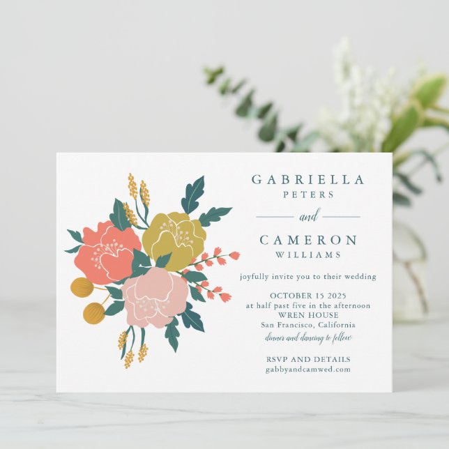 Invitation Style Boho Earthy Green Floral Simple Mariage (Debout devant)