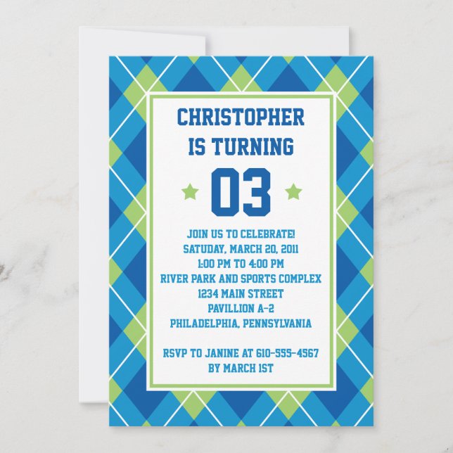 Invitation Style collégial Jacquard bleu et vert 5X7 Annivers (Devant)