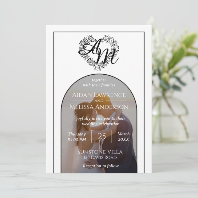 Invitation Style d'arc romantique Photo mariage noir et blanc (Debout devant)