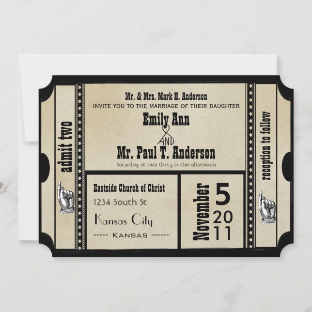 Invitation Style de billet Mariage de la feuille de jeu funky (Devant)