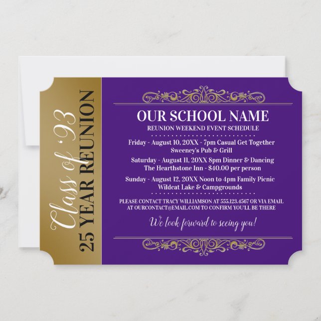 Invitation Style de billet Purple/Gold Classe Réunion Invitat (Devant)