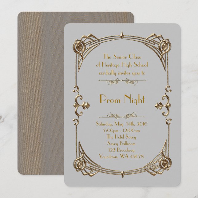 Invitation Style d'empire de bal de promo, or fondu, gris 2 (Devant / Derrière)