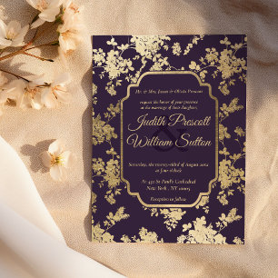 Invitation Style élégant Tolopea Purple Gold Floral Mariage