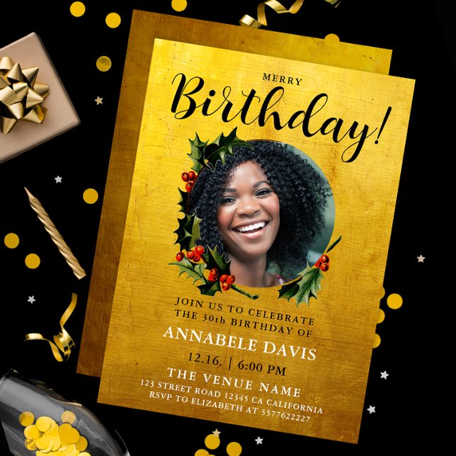 Invitation Style Glam Gold Noël Wreath Birthday Photo (Créateur téléchargé)