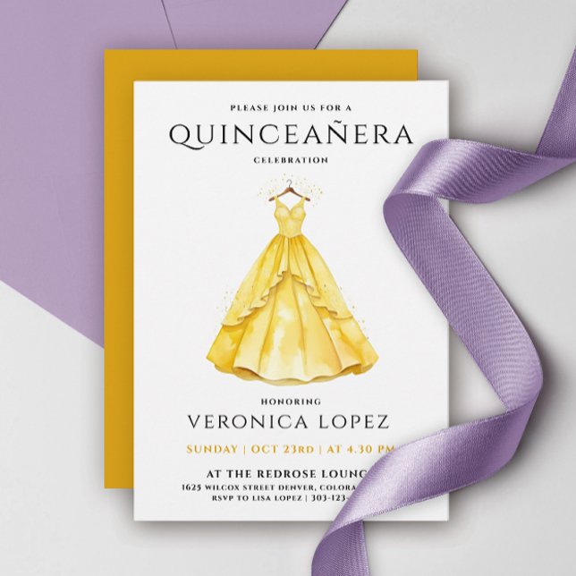 Invitation Style Honey Jaune Quinceañera robe Aquarelle (Créateur téléchargé)