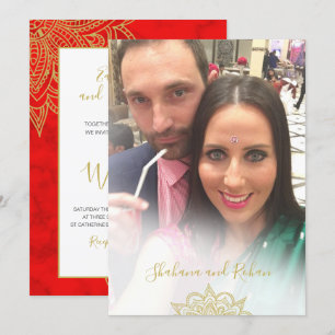 Invitation Style Indien Photo Overlay Red Gold Modern Mariage