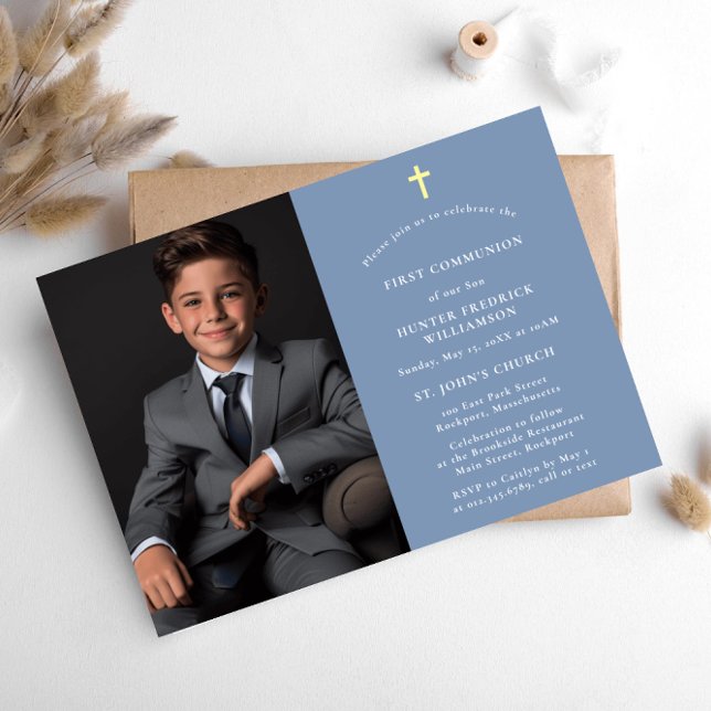 Invitation Style moderne photo bleu Première communion (Créateur téléchargé)