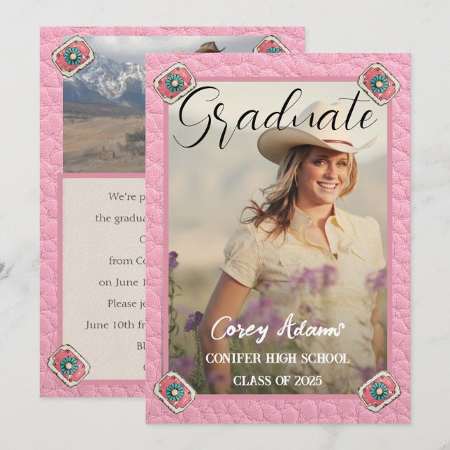 Invitation Style Occidental Pink Cowgirl Photo Graduation (Devant / Derrière)