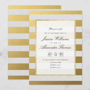 Invitation Stylé Or Blanc Rayures 1er Anniversaire de Mariage
