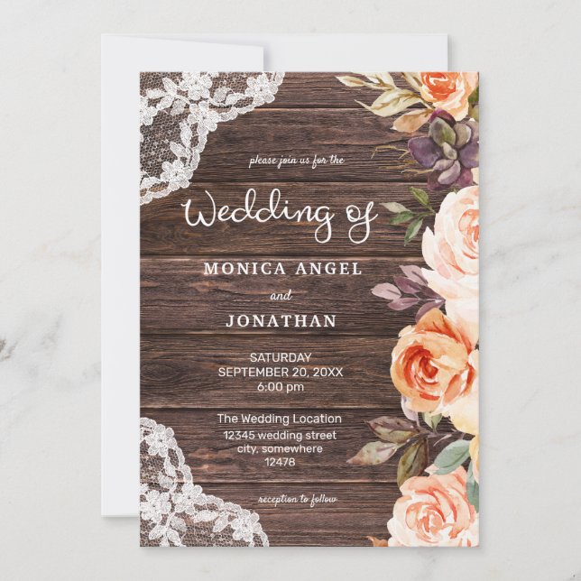 Invitation Style original - Dentelle de bois Rose & Floral pê (Devant)