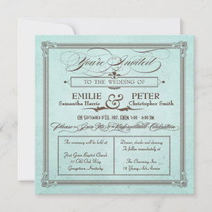Invitation Style poster vintage Bleu et Mariage Carré Brown