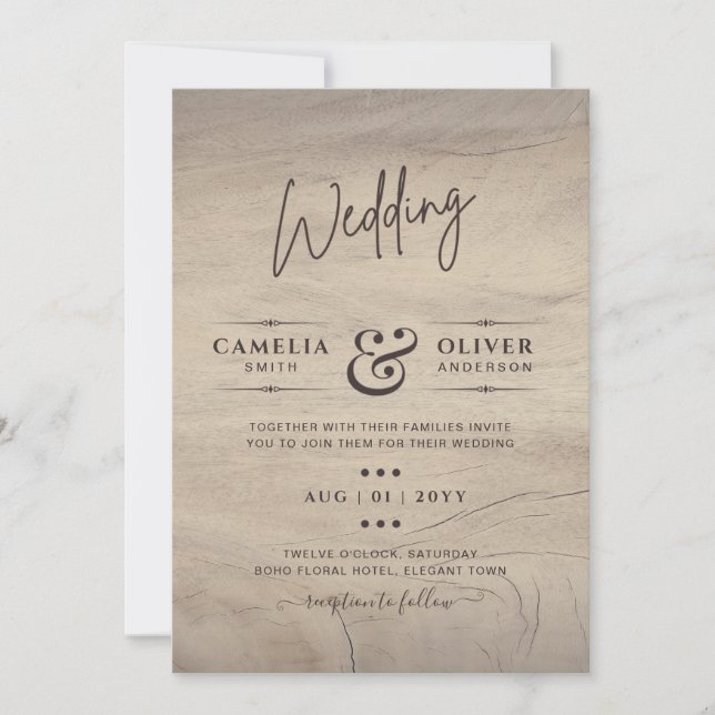 Invitation Style Rustique Bois Typographie Budget Mariage (Devant)