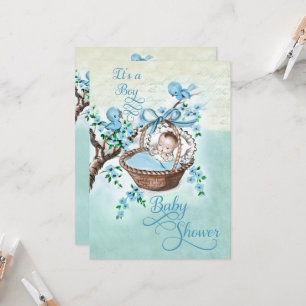 Invitation Style vintage Baby shower bébé garçon & oiseaux