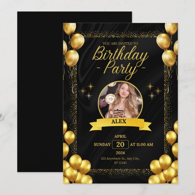 Invitation Styles tendance Black and Gold Anniversaire (Devant / Derrière)
