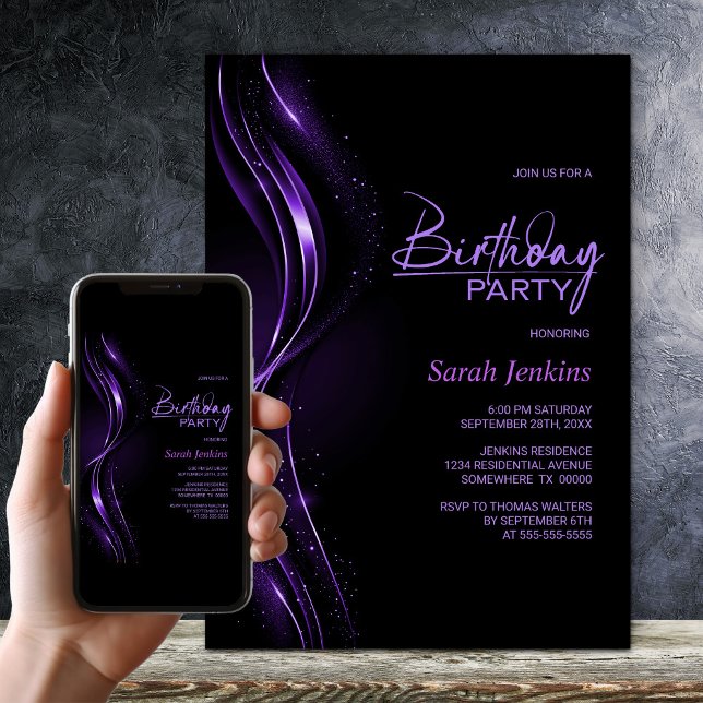 Invitation Stylish Black and Purple Birthday Party (Créateur téléchargé)