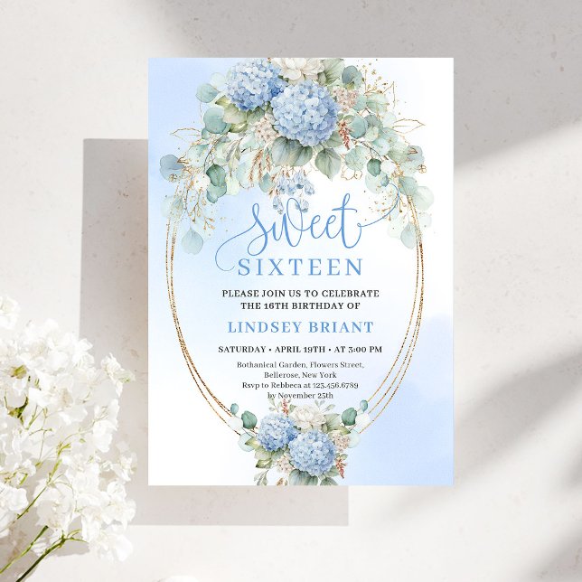 Invitation Stylish Blue Hydrangeas Sweet Sixteen Celebration  (Stylish Blue Hydrangeas Sweet Sixteen Celebration Invite)
