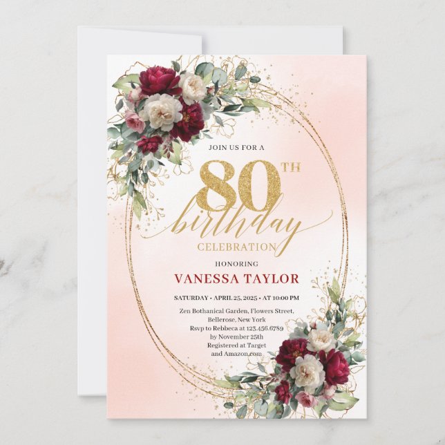 Invitation Stylish Boho Burgundy Gold 80th Birthday Invitatio (Devant)