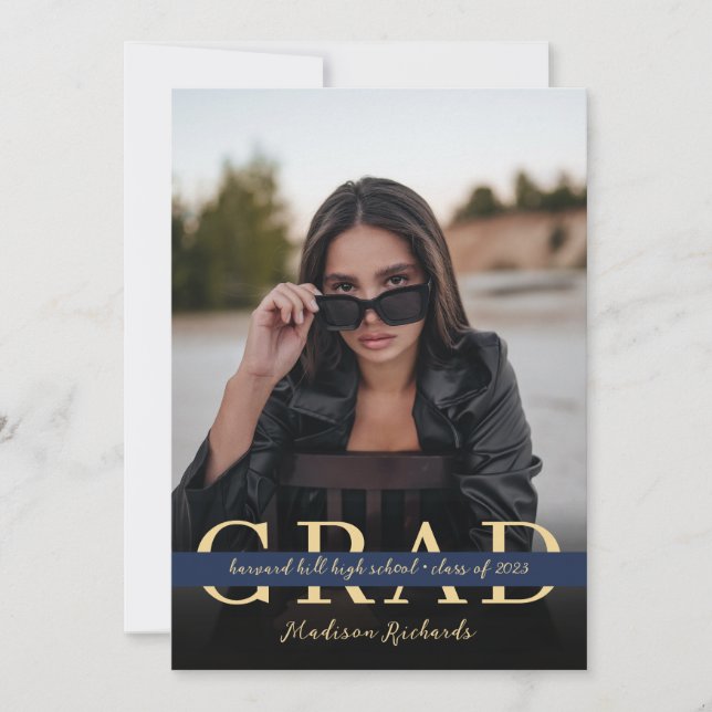 Invitation Stylish Chic Navy Blue and Gold Photo Graduation (Devant)