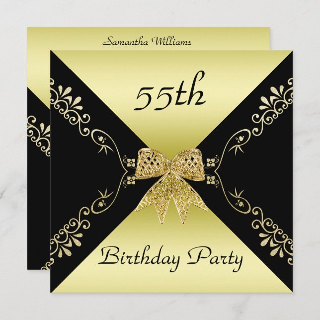 Invitation Stylish Gold & Black Bow Décoratif 55e anniversair (Devant / Derrière)