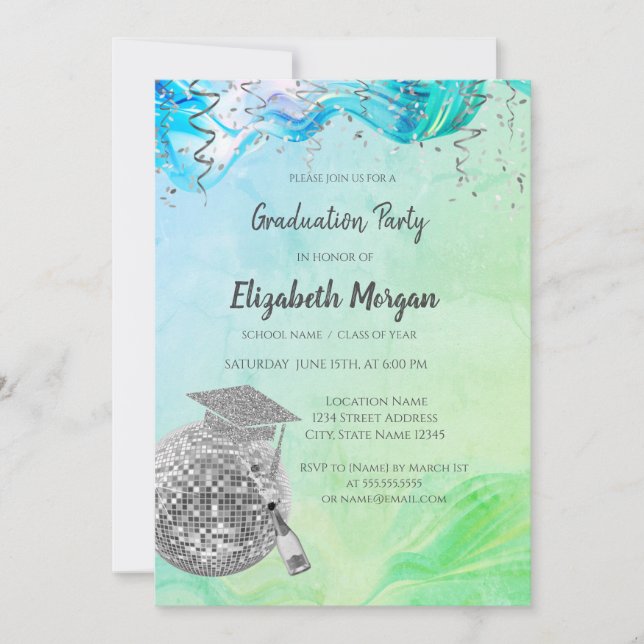 Invitation Stylish Grad Cap,Disco Ball,Wine Green Abstract (Devant)