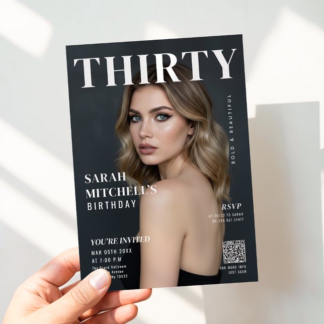 Invitation Stylish Magazine Cover Photo 30th Birthday QR Code (Créateur téléchargé)
